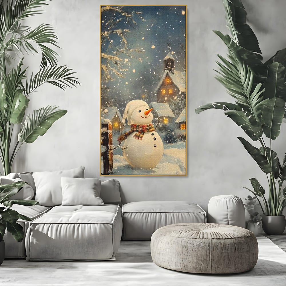Tablou canvas cu tablou canvas cu om de zapada, in rama de aluminiu auriu, pe perete intr-un living